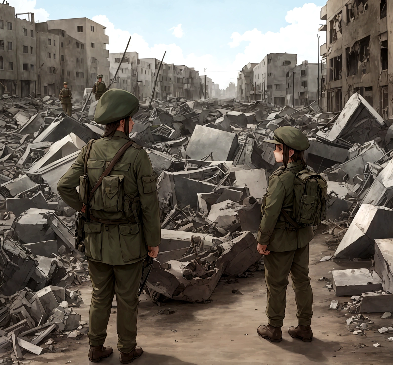 both standing in a destroyed town 1942 with background soldiers