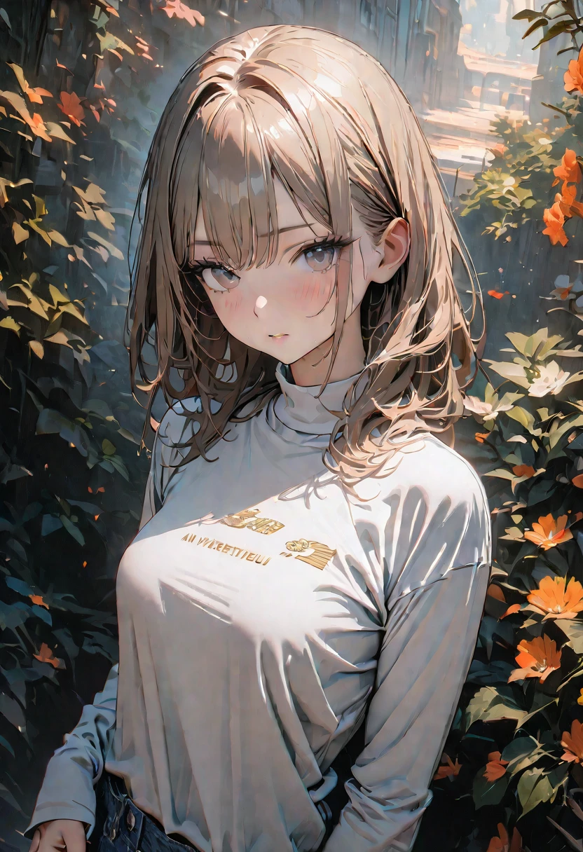 ((she wears (a fitted t-shirt The t-shirt should have long sleeves and a mock neck)$, (masterpiece, best quality, 8K:1.3), (ultra-detailed, high resolution:1.2),(illustration),((an extremely delicate and beautiful)),(detailed background),