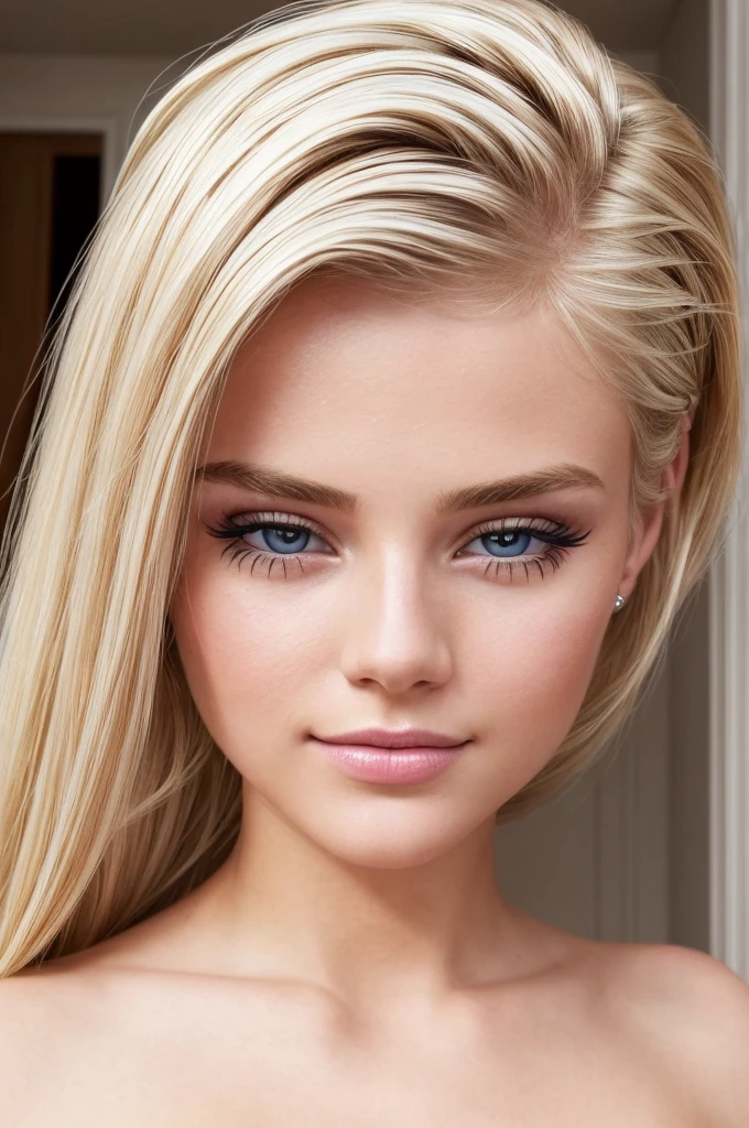 ((best quality)), ((ultra res)), ((photorealistic)), (intricate details), 19 years old, blonde hair, perfect face, make up:1.5, light on face, face detail, ?????, short hair,