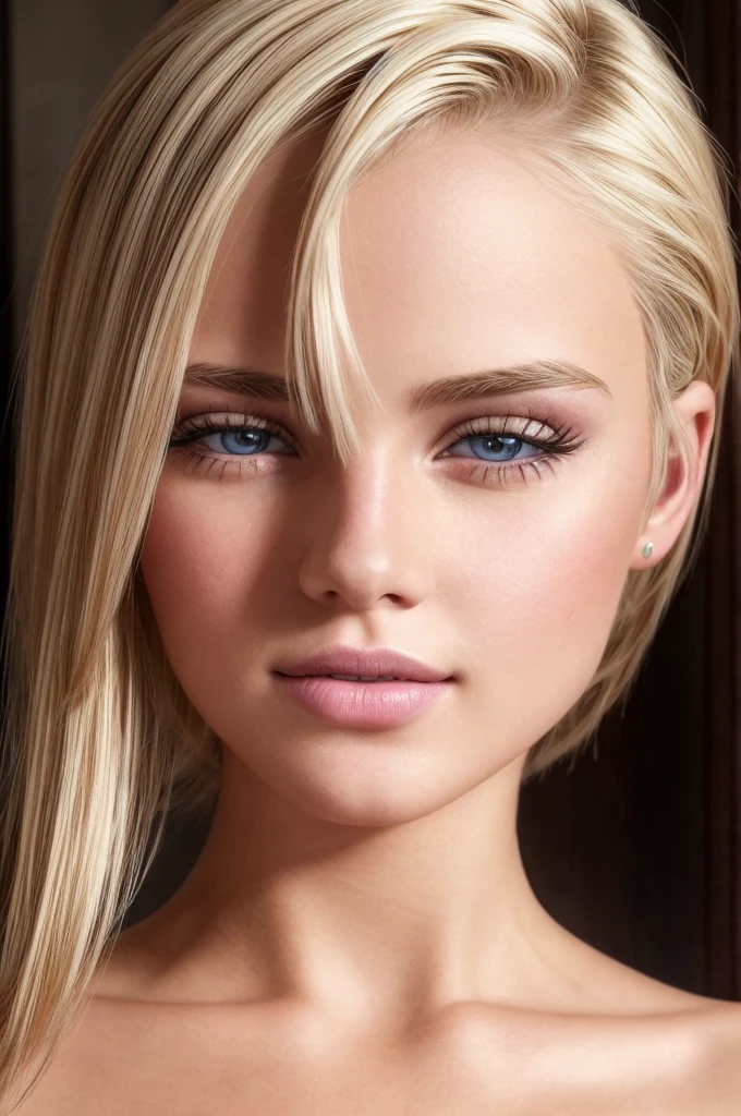 ((best quality)), ((ultra res)), ((photorealistic)), (intricate details), 19 years old, blonde hair, perfect face, make up:1.5, light on face, face detail, NAKED, short hair,