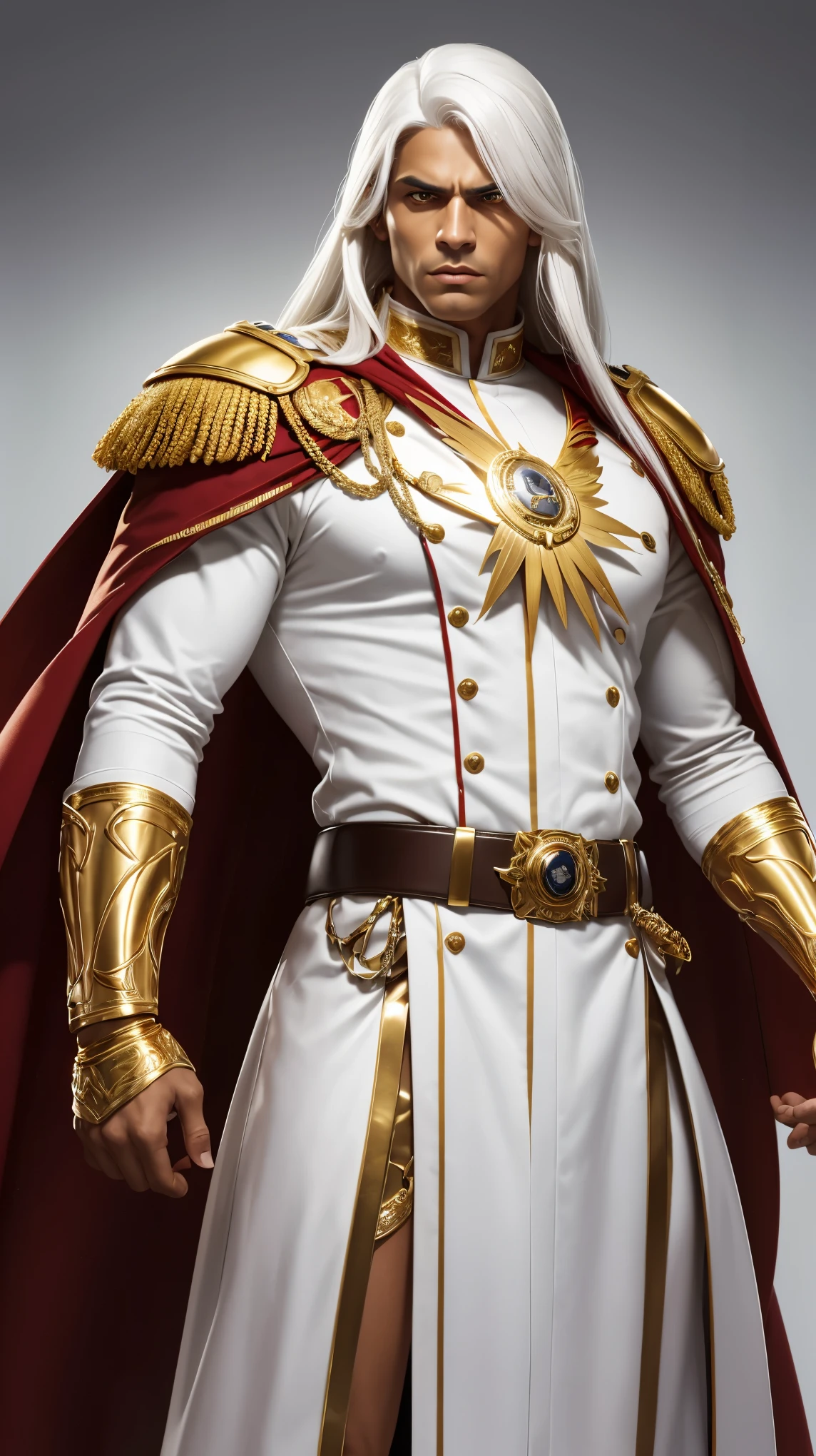 A brown-skinned man Long, straight white hair Piercing Yellow eyes wearing an impeccable white military uniform with gold details with a flowing red cape draping the shoulders with a golden belt at the waist with white gloves on the hands completely confident and Slightly arrogant that conveys an aura of power and authority