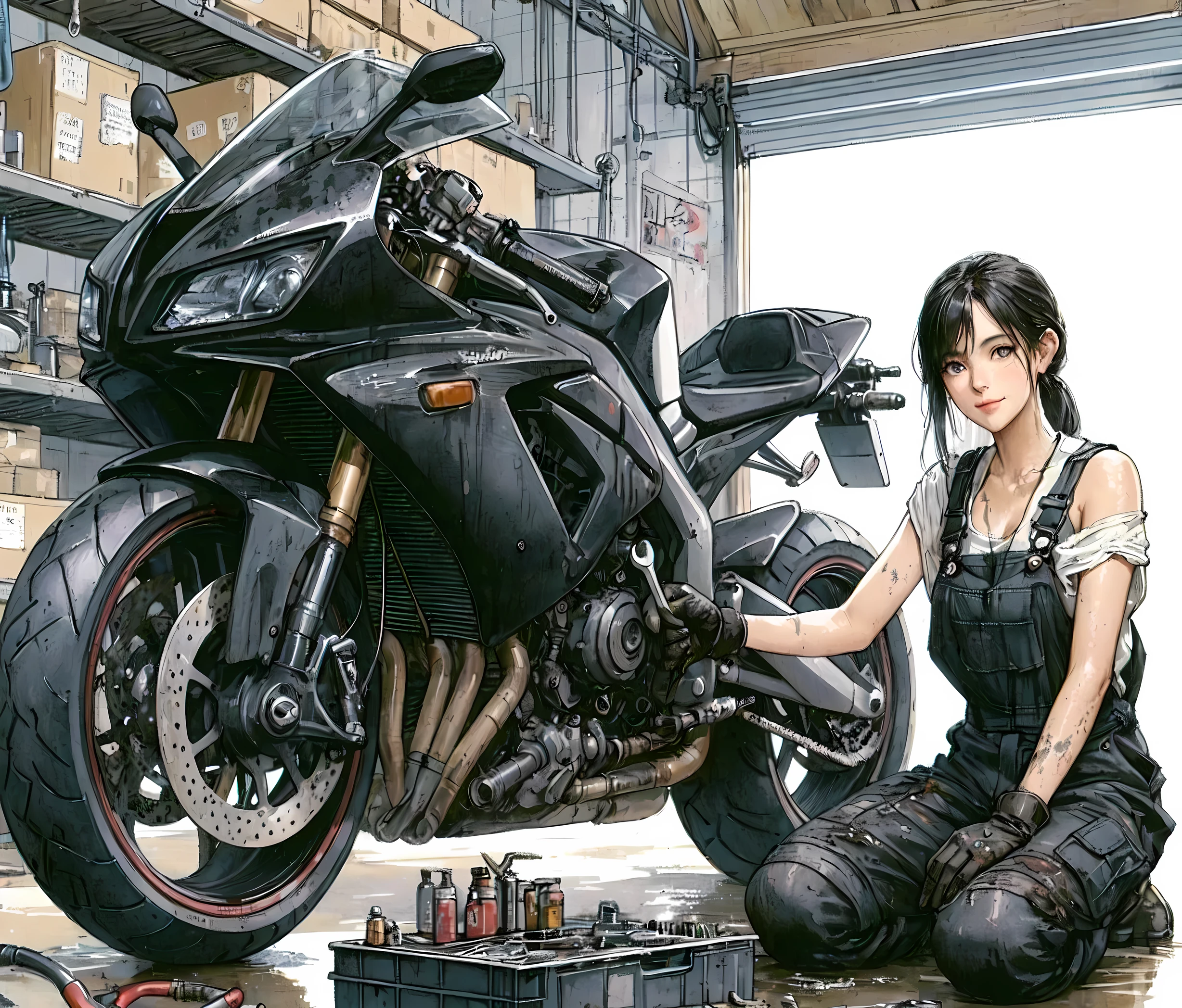 1lady solo, (squatting by motorcycle) (one knee on the ground), mechanic, (tank top), ((overalls loosely worn) with the sleeves tied around waist), (mature female:0.8), /(black hair/) bangs, light smile, (oil smudges on cheeks:1.1), (masterpiece best quality:1.2) delicate illustration ultra-detailed, large breasts, (holding spanner, wrench), glove BREAK (garage) indoors, (sporty motorcycle:1.1), various tools and parts, detailed background