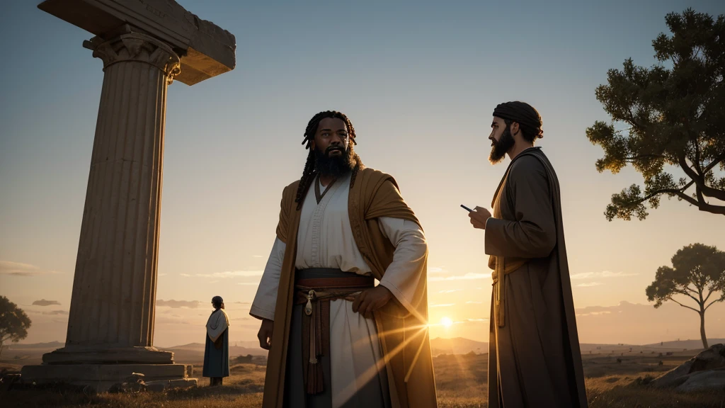 "A radiant sunrise over a tranquil countryside, where figures from diverse backgrounds gather in awe and wonder. In the foreground, ancient prophets Isaiah and Ezekiel stand beside an open scroll, their faces illuminated by the dawn's golden light. The scene symbolizes the prophetic promise of resurrection as described in Isaiah 26:19, conveying a sense of hope and renewal that transcends the bleakness of Sheol."
