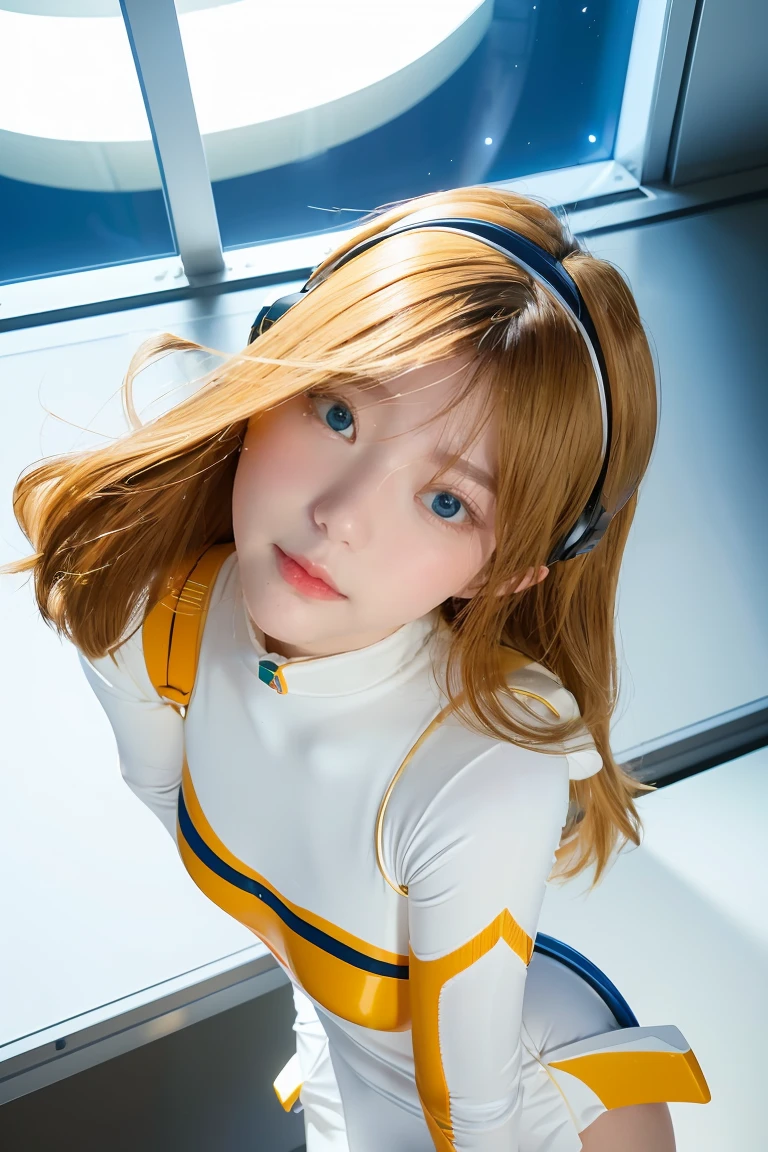 (Overhead view),dynamic angle,ultra-detailed, illustration, close-up, straight on, 1girl, 
 ((souryuu asuka langley, interface headset, red bodysuit:1.4, blonde)),Her eyes shone like dreamy stars,(glowing eyes:1.233),(beautiful and detailed eyes:1.1),(expressionless,closed mouth),(standing), 
(mechanic room with toolsand spaceship windowin a white SPACESHIP),
(night:1.2),dreamy, [[delicate fingers and hands:0.55]::0.85],(detail fingers),