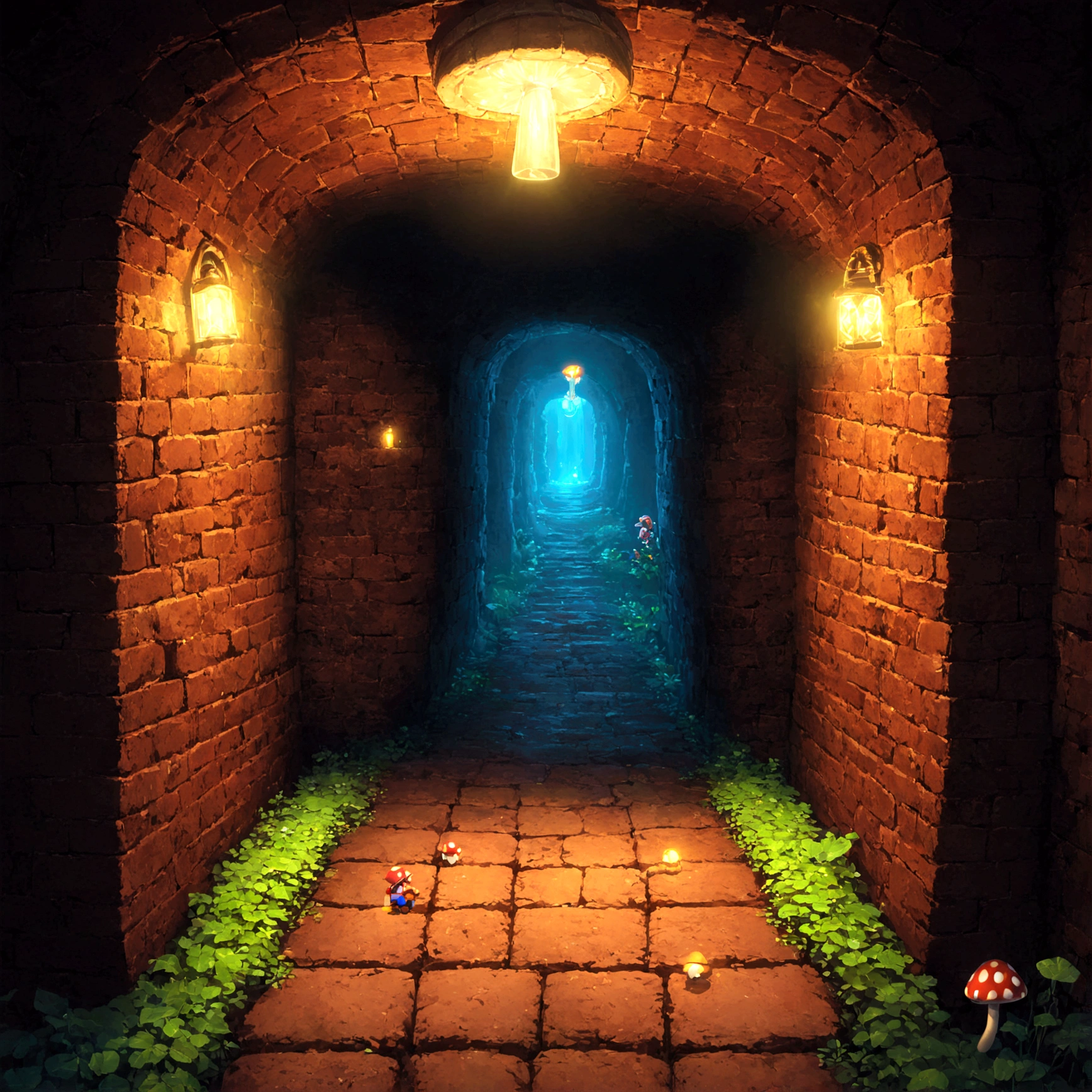 Dimly、Somehow cool、Marioシリーズに登場するUnderground Passage。The brown brick walkway、Place々に緑色のSoil pipesが配置され、From the ceiling、黄色いcoinが詰まったbrick blockが規則正しく並んでいる。On the floor、Appears when you defeat an enemy character、Starやmushroomが点滅しながら置かれ、Invite players to the next stage。In the back、Continue to an unseen stage、A mysterious door appears。Beautiful game scenery, Pixel Art, Retro games, Mario, Underground Passage, Soil pipes, brick block, coin, Star, mushroom, The Mysterious Door