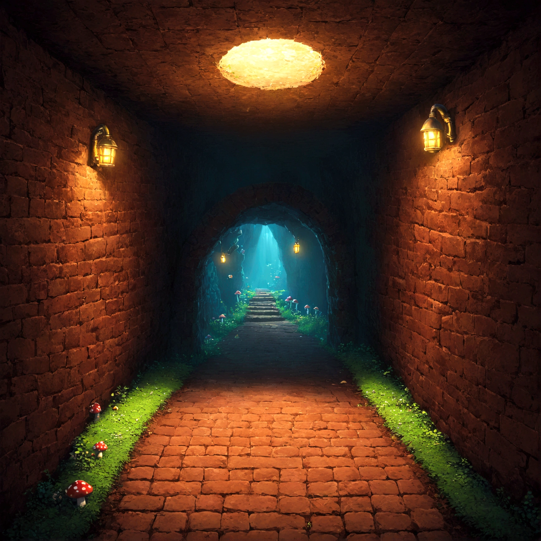 Dimly、Somehow cool、Marioシリーズに登場するUnderground Passage。The brown brick walkway、Place々に緑色のSoil pipesが配置され、From the ceiling、黄色いcoinが詰まったbrick blockが規則正しく並んでいる。On the floor、Appears when you defeat an enemy character、Starやmushroomが点滅しながら置かれ、Invite players to the next stage。In the back、Continue to an unseen stage、A mysterious door appears。Beautiful game scenery, Pixel Art, Retro games, Mario, Underground Passage, Soil pipes, brick block, coin, Star, mushroom, The Mysterious Door