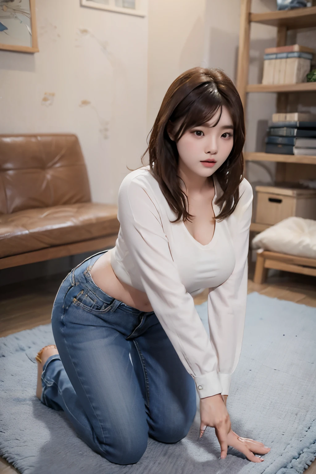 fat woman in white shirt and jeans is lying on the rug, kneeling, kneeling, wearing jeans, korean girl, jeans, korean woman, bending over, interesting pose, slightly bent over, beautiful south korean woman, bending posture, japanese model, tight denim jeans , kneeling and looking up, sexy pose, kneeling, casual pose, side view