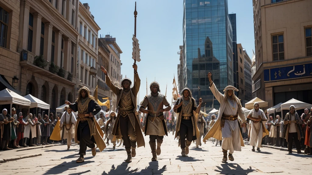 "A bustling city square adorned with banners proclaiming the words of Isaiah 26:19 in ancient script. People of all ages and cultures gather to witness a theatrical reenactment of Ezekiel's vision of the dry bones coming to life. The performance combines vibrant costumes and dramatic lighting to depict the transformative power of resurrection, inspiring hope and celebration among the audience."