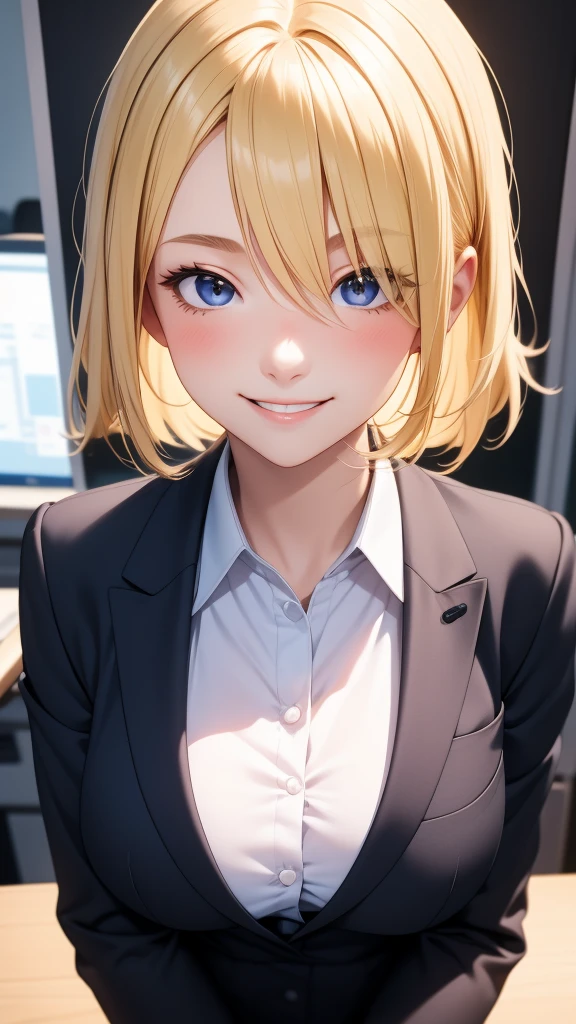 European girl portrait,alone,20-year-old,Beautiful Face,Hair on one eye,Medium Sidecut, Blonde, Sharp focus,(Black business suit),office,Big Breasts,smile