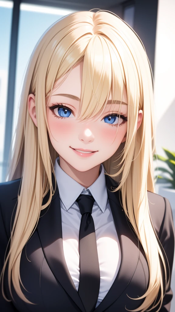 European girl portrait,alone,20-year-old,Beautiful Face,Hair on one eye,Medium Sidecut, Blonde, Sharp focus,(Black business suit),office,Big Breasts,smile