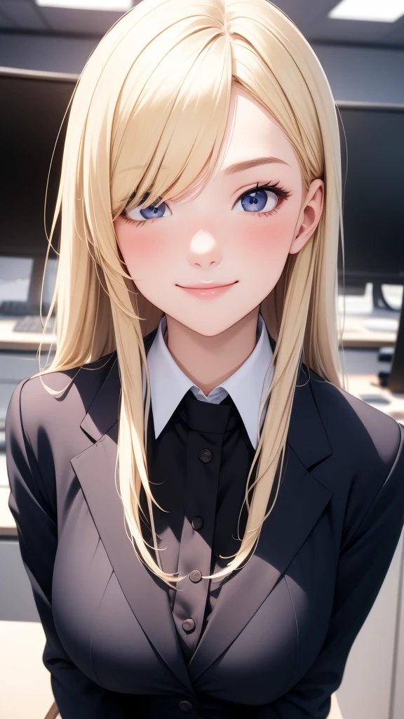 European girl portrait,alone,20-year-old,Beautiful Face,Hair on one eye,Medium Sidecut, Blonde, Sharp focus,(Black business suit),office,Big Breasts,smile