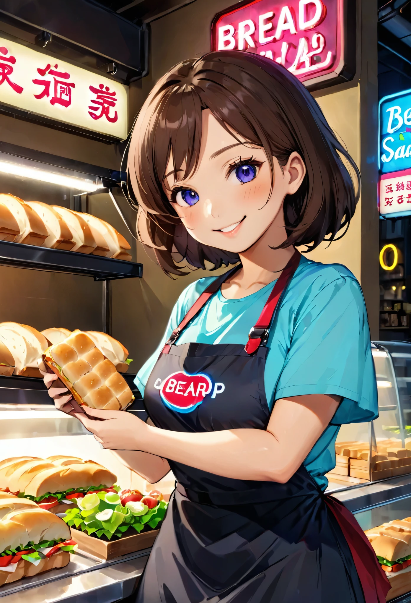 Bread店,A pretty girl,Female shop assistant,Happy smile,beautiful face,制作Sandwiches,_Give,A cute bear shop sign on the wall,小熊Bread,neon light,Bread,biscuit,Sandwiches,Salad,Bottled drinks,anime,Nice background,Depth of Field,CG unity,illustration,