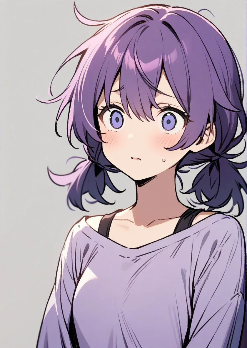 1girl, messy hair, purple hair, short twintails, Confused eyes、