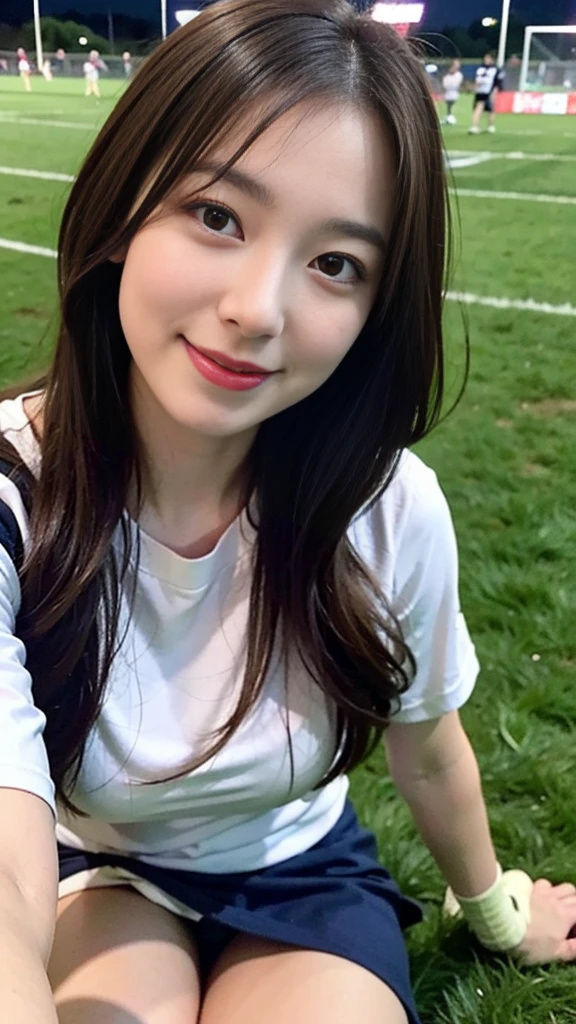 (Woman in jersey、Wearing panties、Not wearing a skirt:1.3)、22 year old Japanese woman、Very beautiful woman、One Woman、solo、Cute Face、Portrait、Detailed skin texture、((Highest quality、high resolution、High resolution、High definition、masterpiece、16K:1.5))、(whole body:1.4)、Perfect proportions、Slim figure、Medium breast、Medium Hair、Dark Brown Hair、Loose wavy hairstyle、Thin arms、Beautiful hands、Detailed face、Smiling Kindly、(RAW Photos、Photos like the real thing、Clear photos:1.2)、((Canon EOS 5D Mark 4とSIGMA Art Lens 35mm F1.4 Shot with DG HSM lens、F-stop 2.4、iso 200、Shutter Speed 2000))、Beautiful feet、8th life、Detailed eyes、Silver grey color contacts、Direct your gaze this way、((On the rugby field、Natural grass、Night game lighting、Rugby pole:1.4))、Natural light、Height: 165cm、Just the right color balance、Female college student、Narrow Face、Sharp face line、((Depth))、((Long Shot))、Lifelike skin texture、Moisturized Skin、Anatomically correct