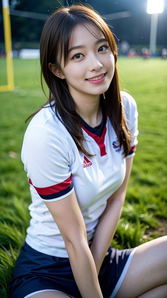 (Woman in jersey、Wearing panties、Not wearing a skirt:1.3)、22 year old Japanese woman、Very beautiful woman、One Woman、solo、Cute Face、Portrait、Detailed skin texture、((Highest quality、high resolution、High resolution、High definition、masterpiece、16K:1.5))、(whole body:1.4)、Perfect proportions、Slim figure、Medium breast、Medium Hair、Dark Brown Hair、Loose wavy hairstyle、Thin arms、Beautiful hands、Detailed face、Smiling Kindly、(RAW Photos、Photos like the real thing、Clear photos:1.2)、((Canon EOS 5D Mark 4とSIGMA Art Lens 35mm F1.4 Shot with DG HSM lens、F-stop 2.4、iso 200、Shutter Speed 2000))、Beautiful feet、8th life、Detailed eyes、Silver grey color contacts、Direct your gaze this way、((On the rugby field、Natural grass、Night game lighting、Rugby pole:1.4))、Natural light、Height: 165cm、Just the right color balance、Female college student、Narrow Face、Sharp face line、((Depth))、((Long Shot))、Lifelike skin texture、Moisturized Skin、Anatomically correct