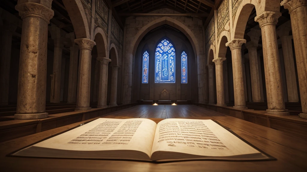 "An ancient synagogue where scholars and scribes meticulously transcribe prophetic texts onto parchment scrolls. In the center, a scroll unfurls to reveal Isaiah 26:19 in illuminated calligraphy, surrounded by symbolic imagery of life and renewal. The setting evokes the scholarly interpretation and spiritual significance of resurrection as a divine promise, offering a beacon of hope amid the ancient Hebrew understanding of Sheol."