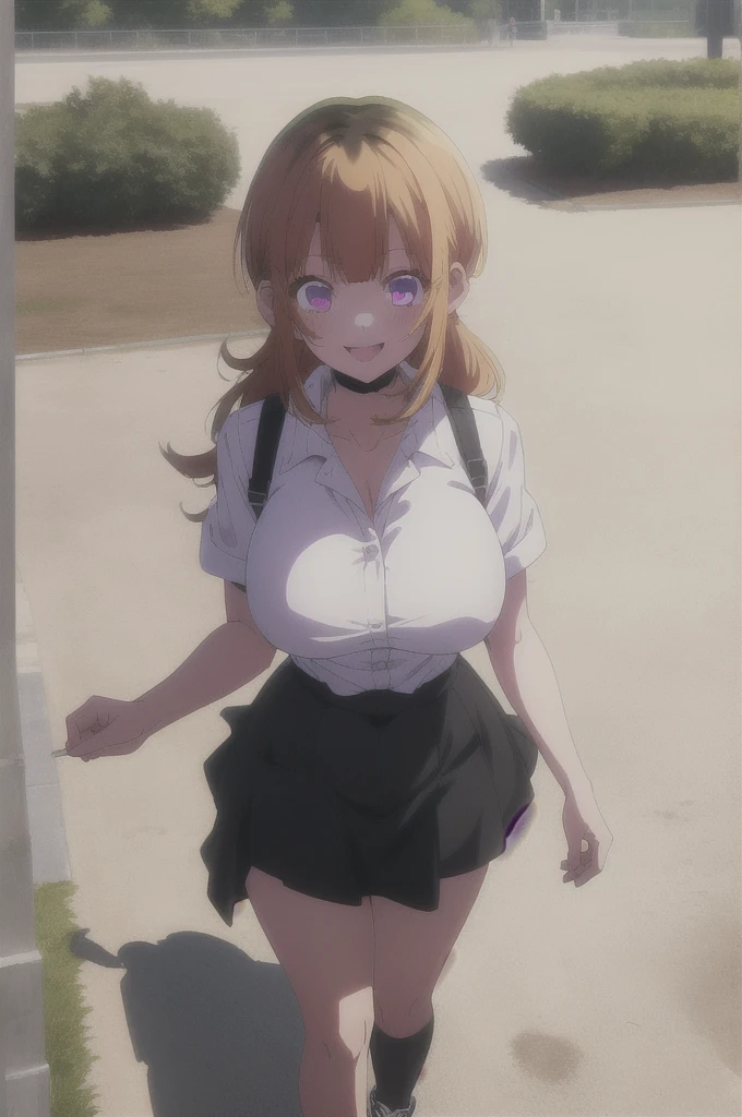 ((Best Quality)), ((Masterpiece)), (detailed), 1 girl, white button-down t-shirt, purple skirt, high brown stockings, black high-heeled sneakers, Pastel yellow hair, long hair, hair covers one eye, purple eyes, tight, big breasts, big thighs, expression smiling shy, walking in a park