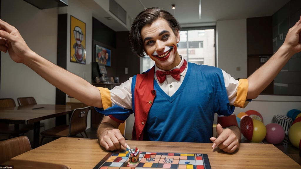 Businessman dressed as a Mc Donald's clown, with Mc Donald's clown's makeup, evil smile, sitting at a table with "Monopoly" written on it, with both arms on the table, photo with front view