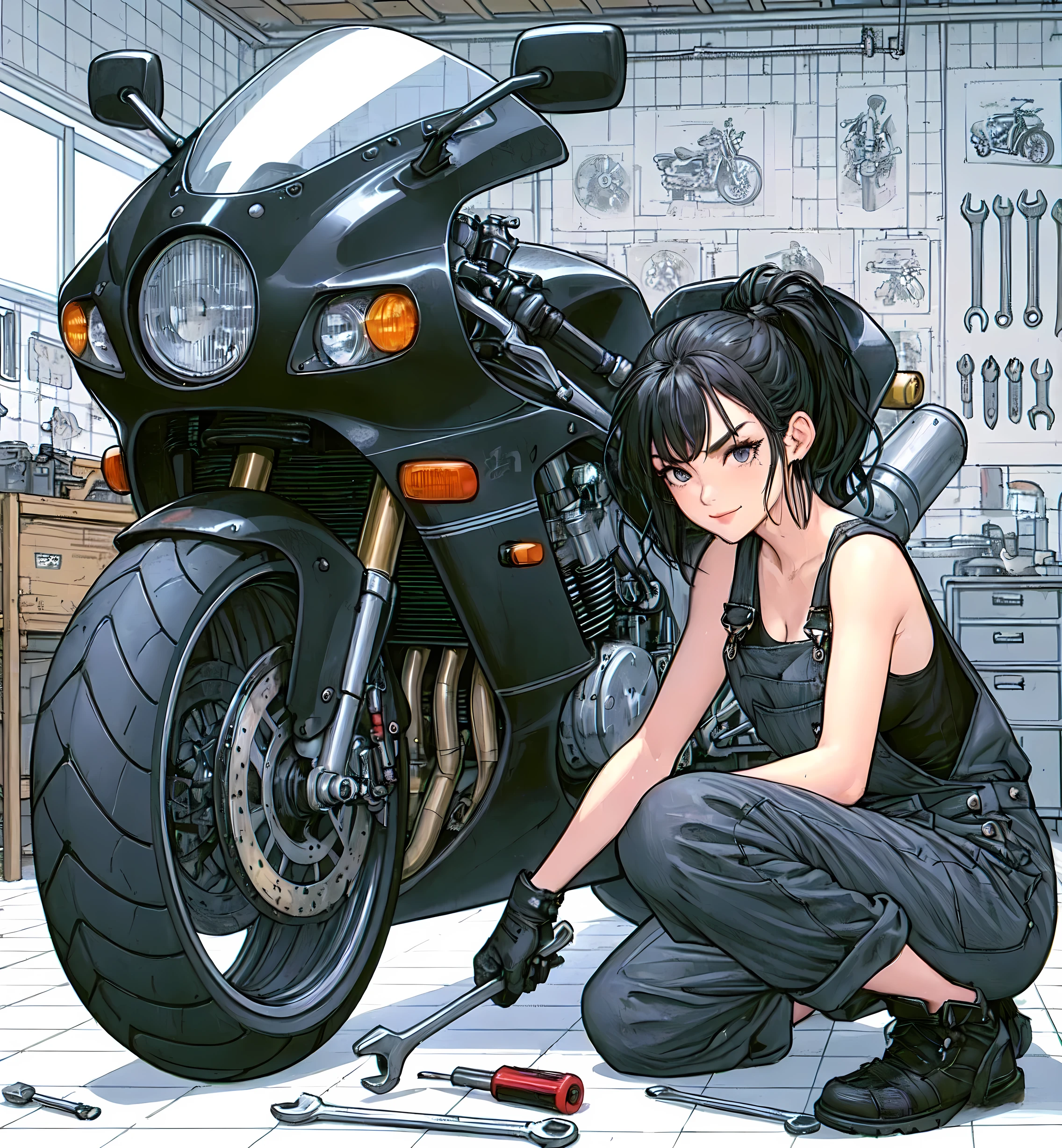 1lady solo, (squatting by motorcycle) (one knee on the ground), mechanic, (black tank top), ((overalls loosely worn) with the sleeves tied around waist), (mature female:0.8), /(black hair/) bangs, light smile, (oil smudges on cheeks:1.1), (masterpiece best quality:1.2) delicate illustration ultra-detailed, large breasts, (holding spanner, wrench), glove BREAK (garage) indoors, (sporty motorcycle:1.1), various tools and parts, detailed background