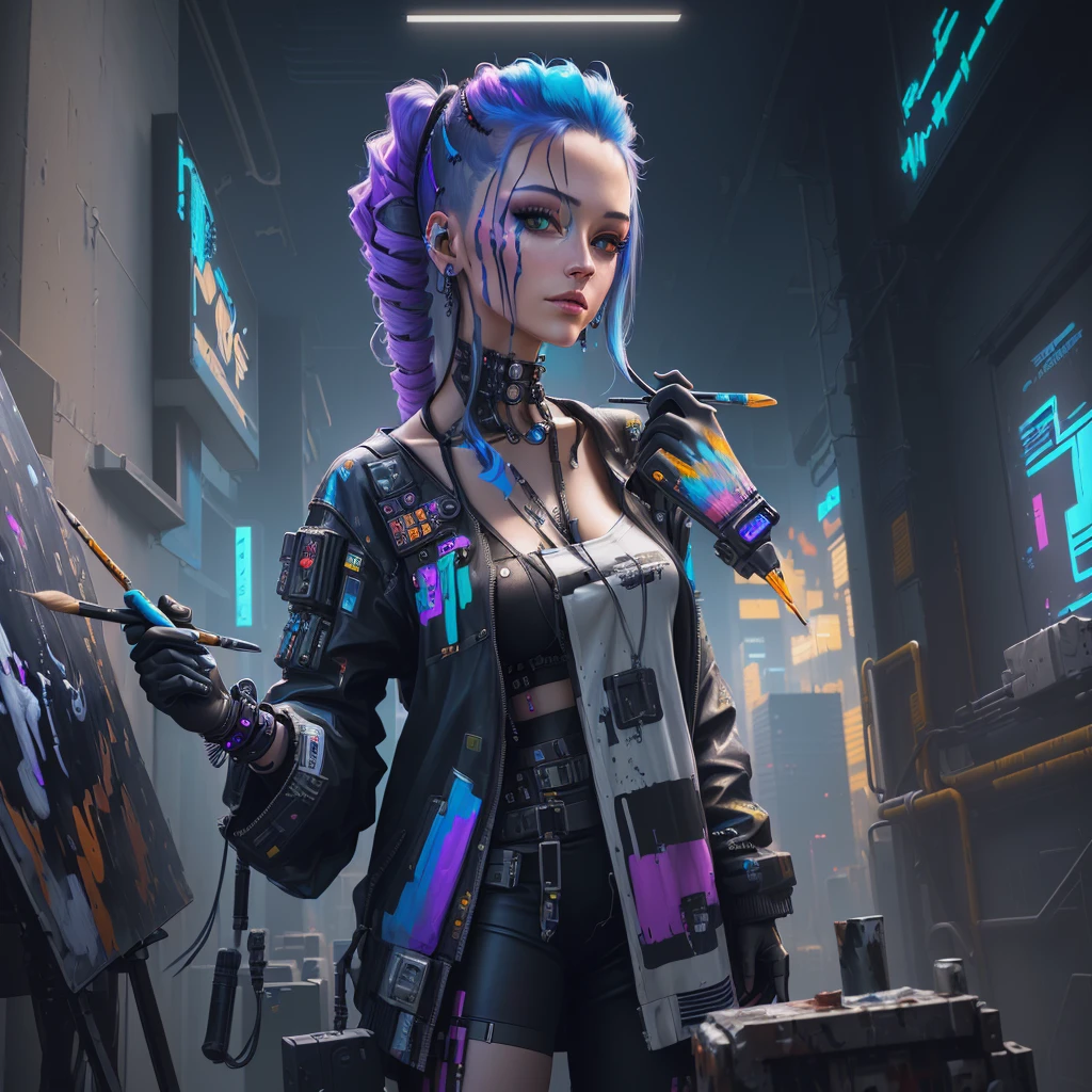 a close up of a person holding a paintbrush and painting, cyberpunk themed art, cyberpunk art style, portrait of a cyberpunk machine, advanced digital cyberpunk art, cyberpunk art, cyberpunk mona lisa, cyberpunk digital painting, high quality cyberpunk art, digital cyberpunk anime art, the cyberpunk girl portrait, cyberpunk artstyle, portrait of a cyberpunk cyborg