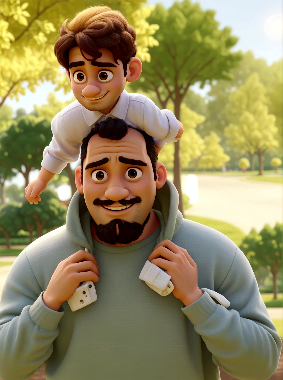 arafed man holding a on his shoulders in a park, father with, caring fatherly wide forehead, father has fade haircut, he is wearing light green sweatshirt, baby is wearing a pink collar shirt with blue shorts, baby wearing white shoes, father holding kid's white shoes,, kid is on fathers shoulder waving his both arms, kid features are like a baby at the park, father, with a cute kid, daddy/fatherly, portrait image, on a sunny day, beautiful man, bright sunny day, celebrating, at the park on a beautiful day