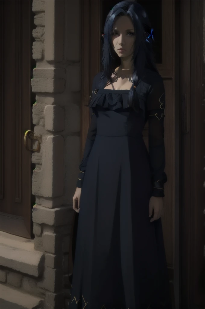 ,dark blue hair,,long hair,blue eyes,pointy ears,elf,(((dress)))
