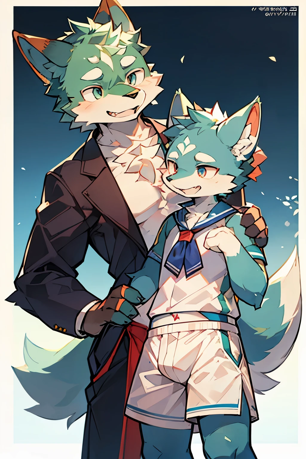 Exquisite lines，best quality。young，male，Strong body，Light green fur，Wolf Orc，higher，Blue and white school uniform，White shorts，Red and black shoes，Blue pupils，Background School，Malicious laughter，evening