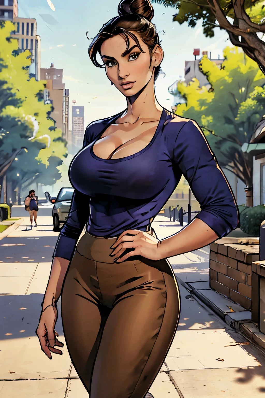 Gorgeous and sultry busty athletic (happy) brunette with sharp facial features, athletic bun, large breasts, cleavage, and a (large nose) wearing a low-cut dark blue shirt, tight beige pants.  City street, park, trees.