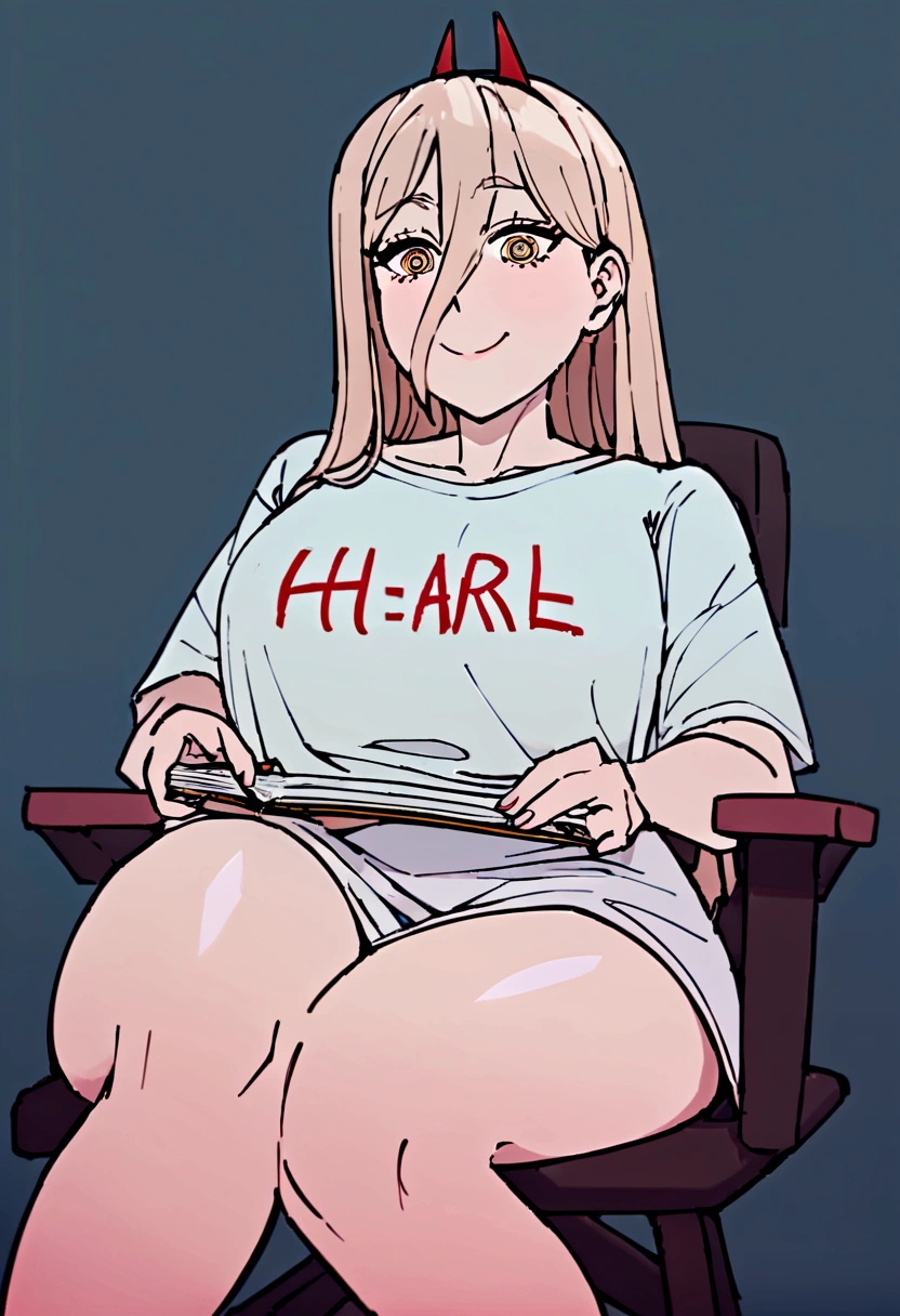 woman wearing an oversized shirt that reaches her thighs, with the text "H a r l" written on the shirt,happy with a bold expression, sitting on a chair gamer, playing from notebook , detailed face and eyes, 8k, best quality.
