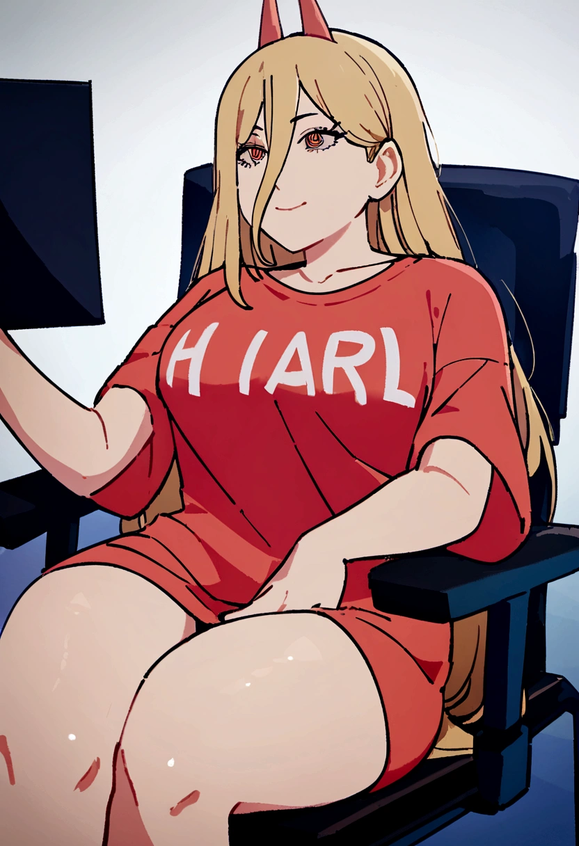 woman wearing an oversized shirt that reaches her thighs, with the text "H a r l" written on the shirt,happy with a bold expression, sitting on a chair gamer, playing from notebook , detailed face and eyes, 8k, best quality.