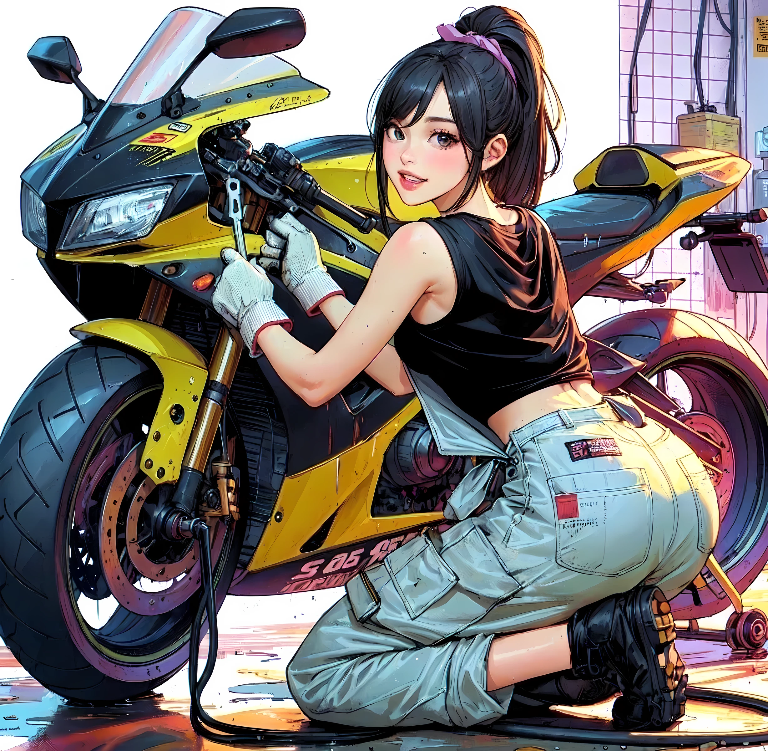 1lady solo, (squatting by motorcycle) (one knee on the ground), mechanic, (black tank top), ((overalls loosely worn) with the sleeves tied around waist), (mature female:0.8), /(black hair/) bangs, light smile, (teeth:0.8), (oil smudges on cheeks:1.1), (masterpiece best quality:1.2) delicate illustration ultra-detailed, large breasts, (holding spanner, wrench), glove BREAK (garage) indoors, (sporty motorcycle:1.1), various tools and parts, detailed background