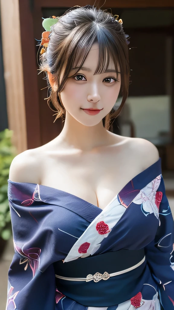 Tabletop, Highest quality, figure, Super detailed, In detail, High resolution, 8k wallpaper, Perfect dynamic composition, Beautiful attention to detail, yukata, Off the shoulder, Cleavage, whole body