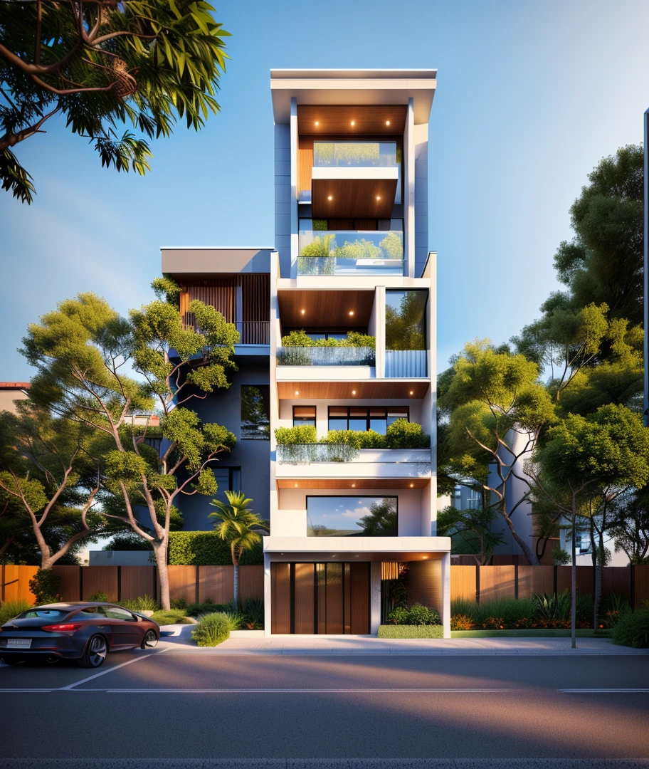 rendering of a modern residential townhouse, professional render, wide angle exterior 2023, highly detailed render, high quality rendering, realistic render, architectural render, high-quality render, detailed rendering, hyper-realistic render, hyper - realistic render, very realistic 3 d render, high render, realistic rendering, very realistic render