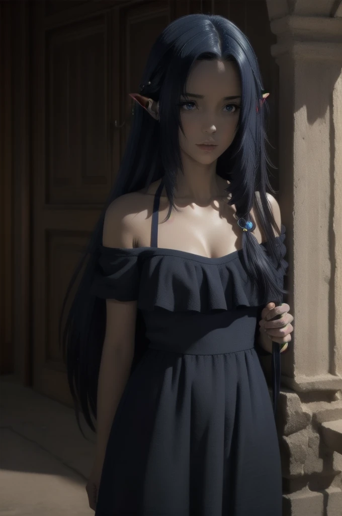 ,dark blue hair,,long hair,blue eyes,pointy ears,elf,(((dress)))