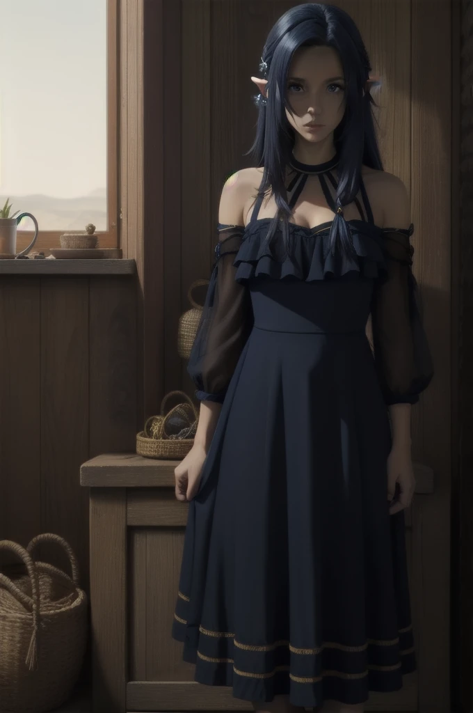 ,dark blue hair,,long hair,blue eyes,pointy ears,elf,(((dress)))