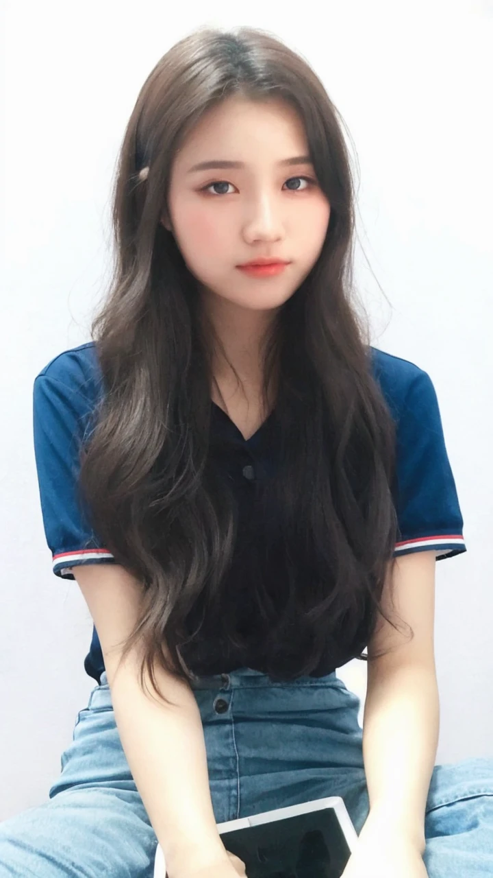 (detailed and realistic portrait of a girl with a clean face), (round eyes and long flutters hair shot outside),staring at camera,magical photography, dramatic lighting, photo realism, ultra-detailed,
 intimate portrait composition, (centered image composition),(close up shot:1.6),best quality,f/1. 8, 85mm,
(28years asian woman), black_hair,(black_eyes:1.2),(bangs),makeup,white_dress,
(hazy blue_sky_background)