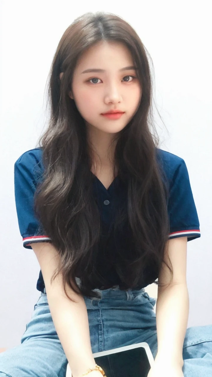 (detailed and realistic portrait of a girl with a clean face), (round eyes and long flutters hair shot outside),staring at camera,magical photography, dramatic lighting, photo realism, ultra-detailed,
 intimate portrait composition, (centered image composition),(close up shot:1.6),best quality,f/1. 8, 85mm,
(28years asian woman), black_hair,(black_eyes:1.2),(bangs),makeup,white_dress,
(hazy blue_sky_background)