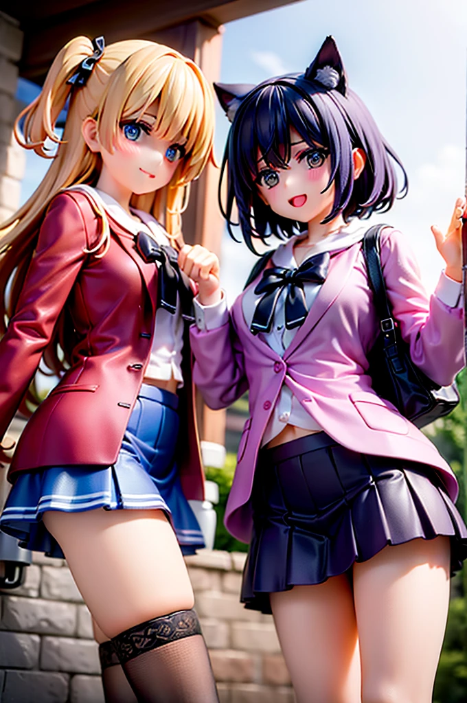 Two girls, adventurers, about to open a treasure chest, wearing skirts