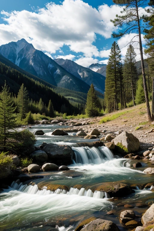 Landscape with mountains, stream, pine trees and clouds