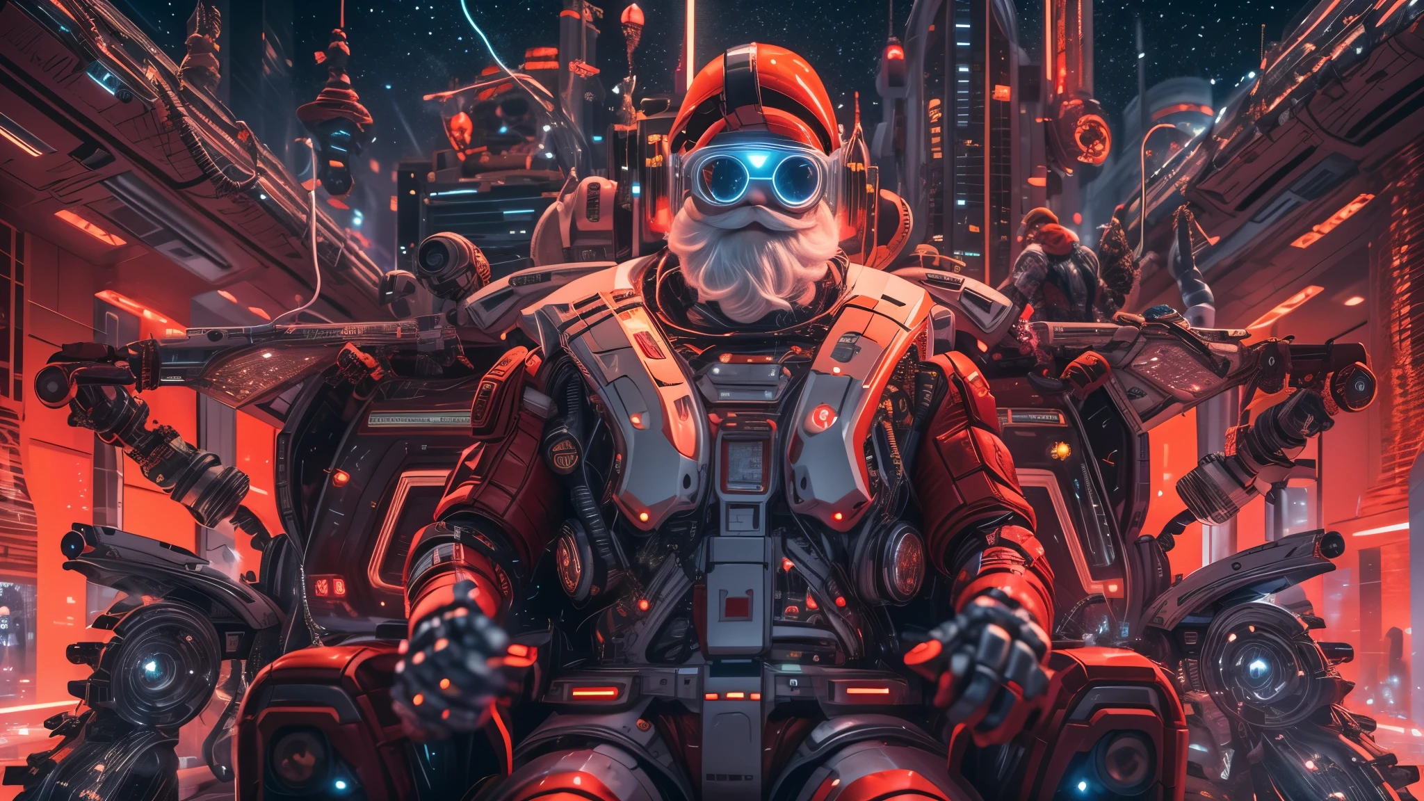 best quality,masterpiece,(panorama:1.2),(landscape:1.2),In a cyberpunk-themed scenario,(envision a futuristic Santa Claus donned in electronic sunglasses. He is clad in a mechanized exoskeleton with a color scheme of black and red:1.2),emitting a glowing light from his chest. Seated on a sleigh pulled by mechanical reindeer,he soars through the air above a futuristic city. However,the scene takes a twist as a group of robotic soldiers aims their weapons at Santa Claus in mid-air. The composition includes elements of aerial projections,spaceships,neon lights,creating a fantastical and visually impactful scene.,spaceships,neon lights,gundam,highly realistic,glassy translucence,graceful,blink-and-you-miss-it detail,Sci-fi light effects,(Illuminated circuit board:1.6),rich colors,gorgeous colors,colorful,with light beams on the face,creating a fantastical and visually striking image.,