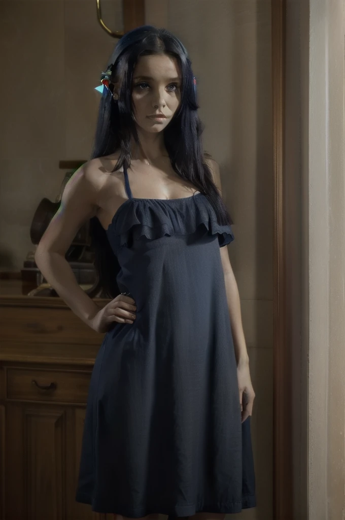 ,dark blue hair,,long hair,blue eyes,pointy ears,elf,(((dress)))