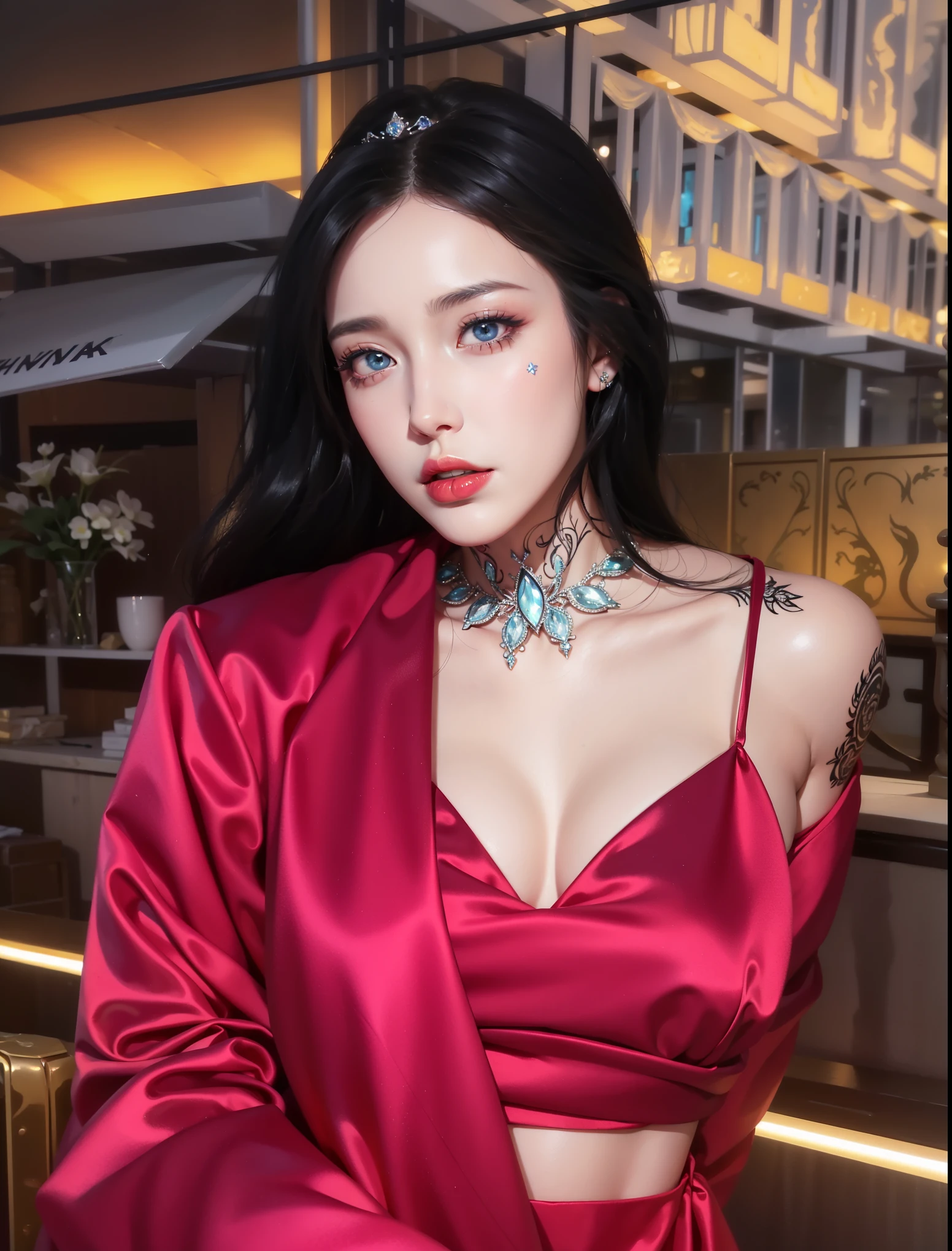 Royal sisters，Exquisite eyes，Frozen queen，Put the crown on your head，Detailed facial expressions body，tall and big，Glamorous characters，Leg length，4K，HD，The look，White translucent lace，白皙Full figure，Little cherry mouth，Beautiful and lovely，Full figure，Glossy Gel Coat，Vampire Queen in luxurious gown，Have a tattoo(Intricate tattoo designs)，The tattoo is very three-dimensional，Ice Princess，Rich facial details，Eyes are blue(Pupils as deep as the starry sky)，Gorgeous silk(Silky reflective)，Wear dark red lipstick，Greek goddess，手臂Have a tattoo
