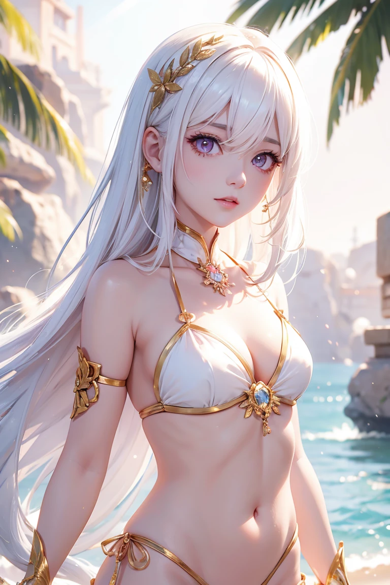 best quality, masterpiece,White hair, Pink eyes,Gold Bikini, look up, Upper Body,Hair,White skin,Double tail