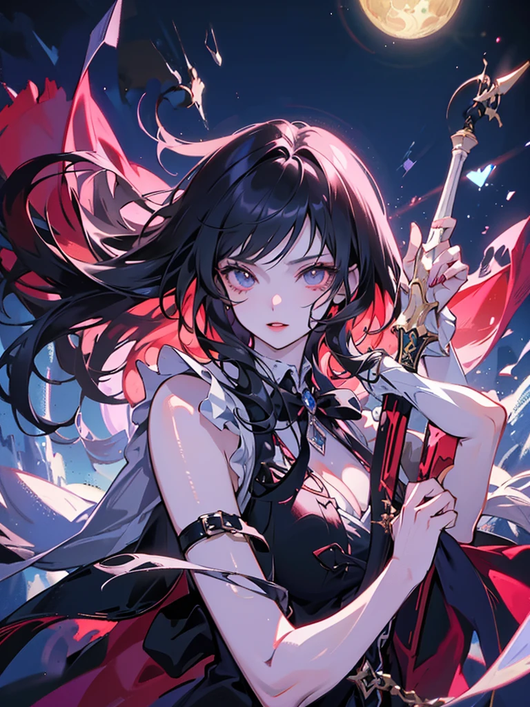beautiful cute girl,((black hair:1.2)),(Medium wave hair:1.1),(purplered eyes:1.2),(princess:1.1),(camisole:1.25),((lace:1.2)),smile,(open your mouth:1.1),(羽:1.2),(big Sword:1.2).