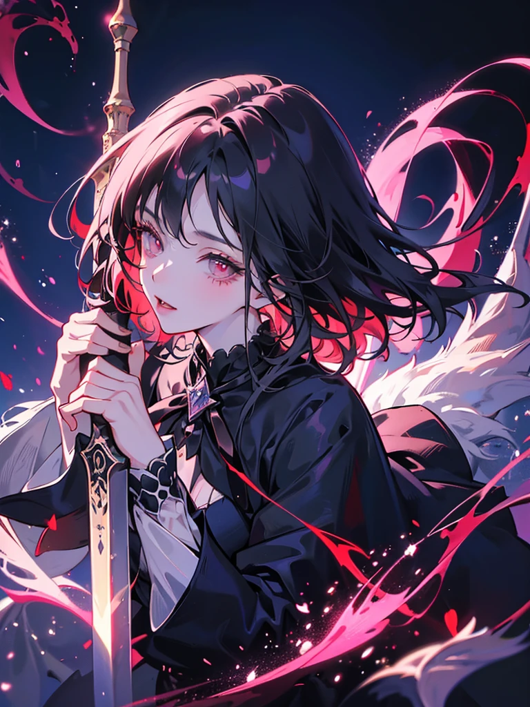 Create an anime artwork featuring a fierce gothic maiden anime girl wielding a sword in a vibrant city at night. The artwork should be in epic anime style with ultra-high definition (8K) resolution. Incorporate 2.5D CGI for a dynamic feel and anime fantasy elements such as dragons or magic. The artwork should be featured as an anime wallpaper in 4K and 8K quality for a premium, high-resolution look. The girl's beauty and ferocity should be portrayed in equal measure, with her skills in swordsmanship captivating the viewer's interest.