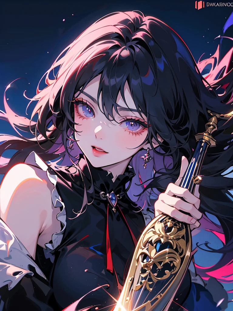 Create an anime artwork featuring a fierce gothic maiden anime girl wielding a sword in a vibrant city at night. The artwork should be in epic anime style with ultra-high definition (8K) resolution. Incorporate 2.5D CGI for a dynamic feel and anime fantasy elements such as dragons or magic. The artwork should be featured as an anime wallpaper in 4K and 8K quality for a premium, high-resolution look. The girl's beauty and ferocity should be portrayed in equal measure, with her skills in swordsmanship captivating the viewer's interest.