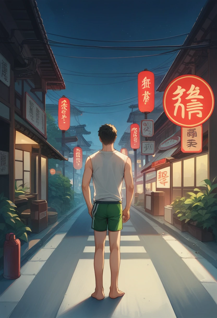 At night, the full body behind a Thai man wearing reflective green boxer briefs stands barefoot. Among the many people who come to visit In the middle of Yaowarat Road, Chinatown, Bangkok. Fun atmosphere, traffic lights and signs that are still in the building. Realistic perspective. High quality view from floor to top.