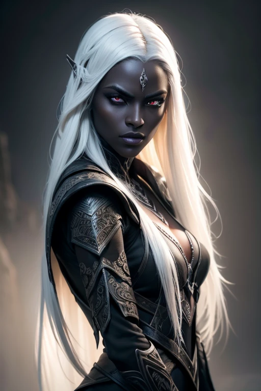 A beautiful dark elf woman, drow, with dark grey skin and long white hair, intricate detailed facial features, porcelain skin, striking eyes, full lips, slender figure, detailed clothes, bow and arrows, dramatic lighting, dramatic fantasy scene, dark moody atmosphere, detailed textures, highly detailed, 8k, cinematic, award-winning artwork, digital painting, concept art, photorealistic, full body shot 