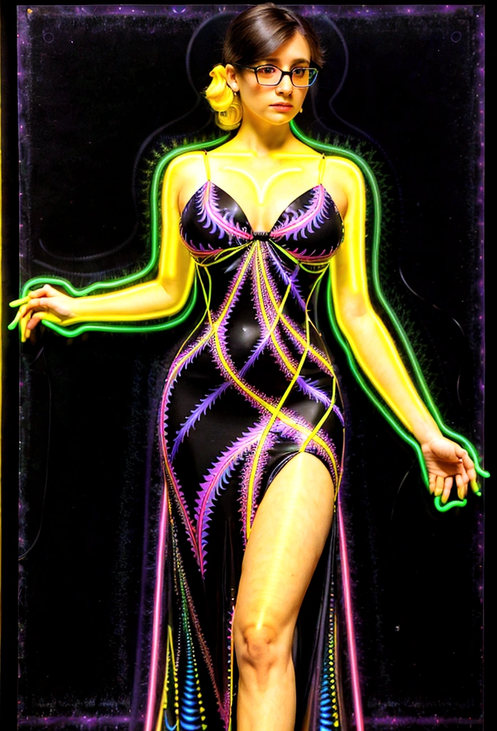 Photograph of a well dressed female aroused hyperrealist by David Hockney and Alphonse Mucha, photorealistic, dynamic lighting, art station, poster, volumetric lighting, highly detailed face, 4k, award-winning, 1 woman, darkness, deep shadows, low key, portrait, bob hair, yellow and Purple mixed hair, glasses, Big breasts, looking straight at the viewer, (Neon fractal pattern against black background:1.2), Beautiful Evening Dress, neon lights, 