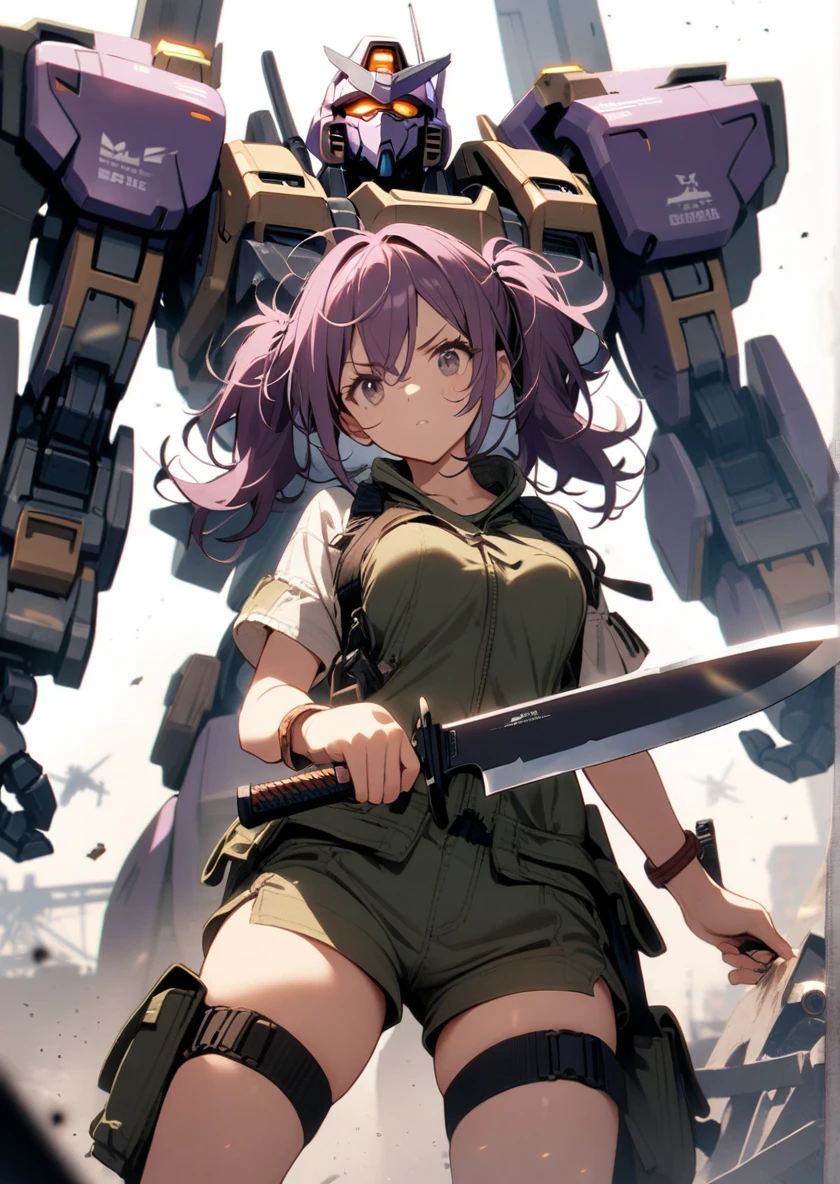 1girl, messy hair, purple hair, short twintails, ジト目、mecha , combat Knife